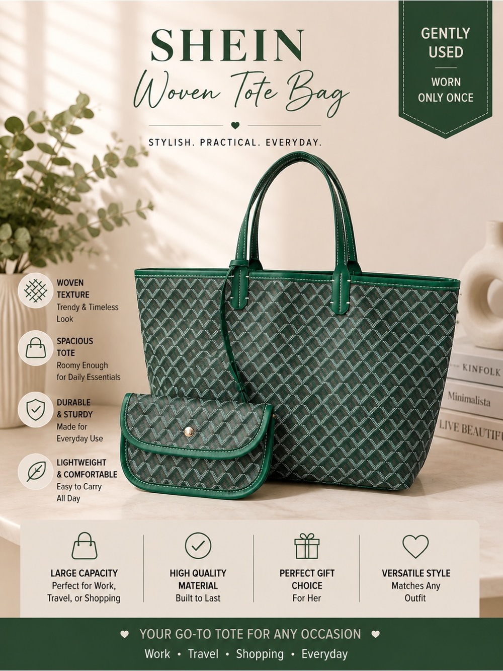 SHEIN Dark Green Patterned Tote with Matching Pouch